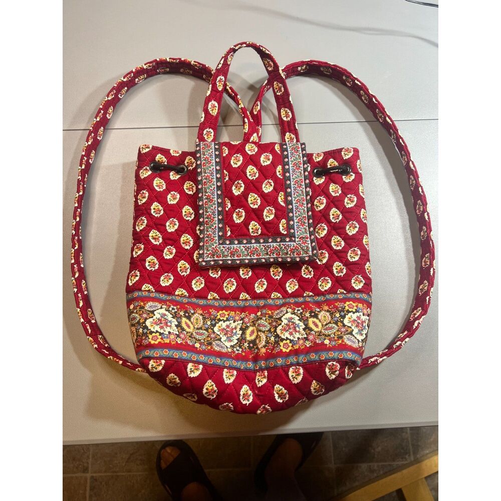 VTG Vera Bradley Provincial Red Mimi Backpack Quilted Cotton Drawstring Flap Bag